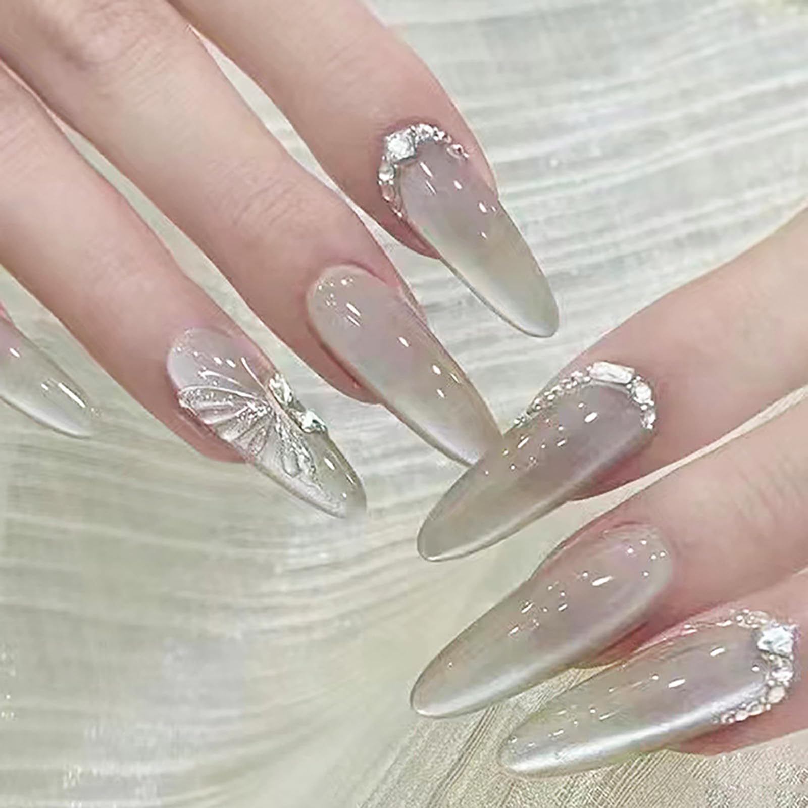 Long Stiletto Press-Ons — White Cat Eye with Crystal Butterflies | PEACHBXX