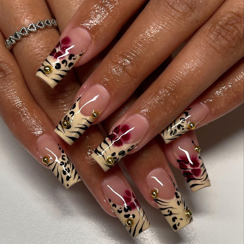 Medium Coffin Press-Ons — Yellow French Leopard & Red Floral | PEACHBXX