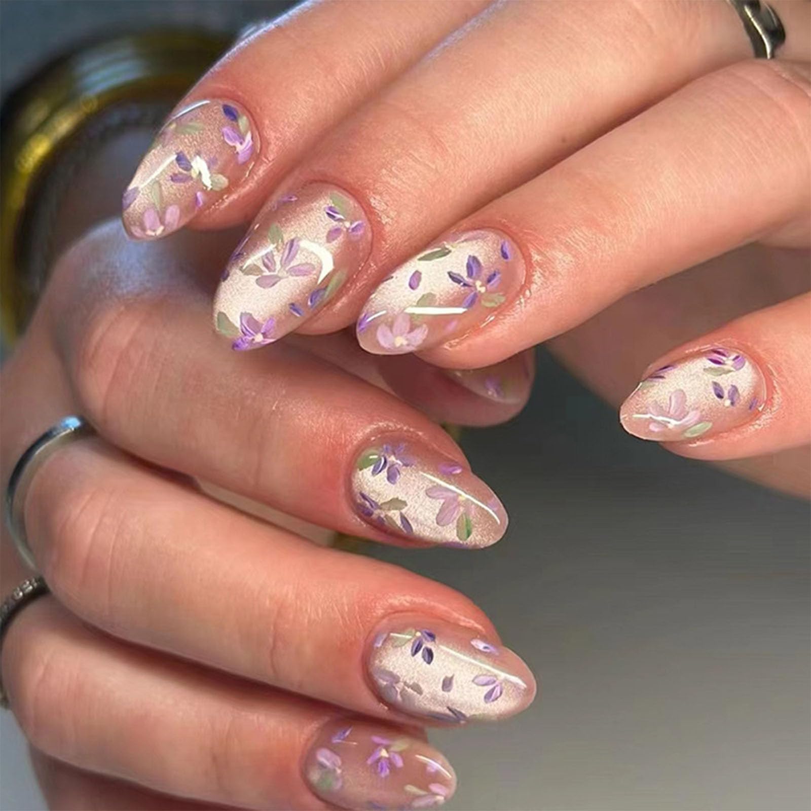 Medium Almond Press-Ons — Cat Eye Aurora with 3D Flowers | PEACHBXX