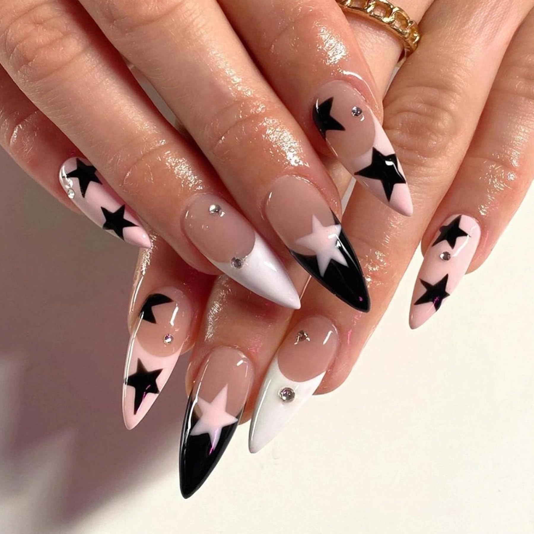 Long Almond Press-Ons — Black & White French with Stars | PEACHBXX