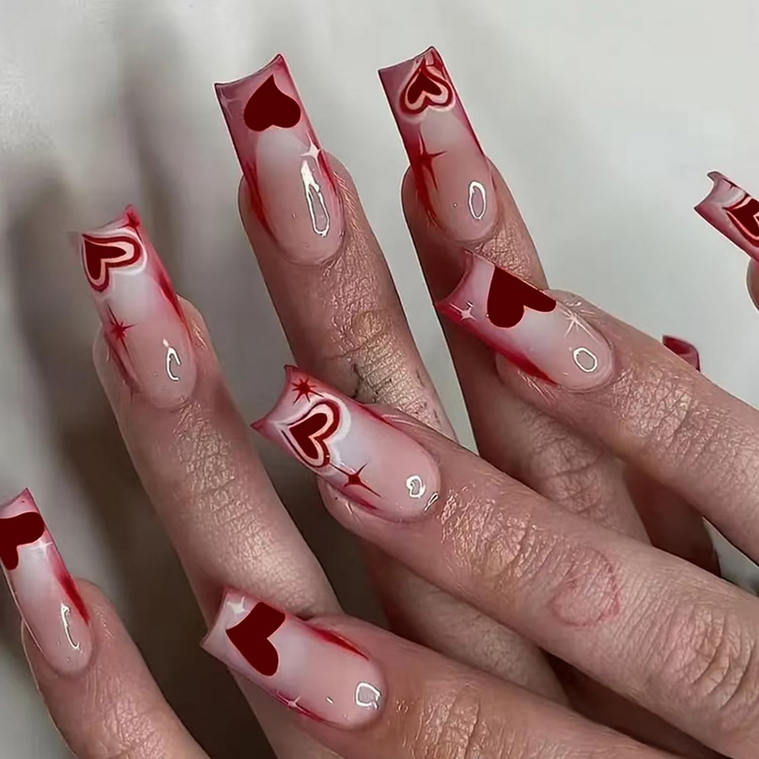 Long Square Press-Ons — Valentine Heart Red French | PEACHBXX