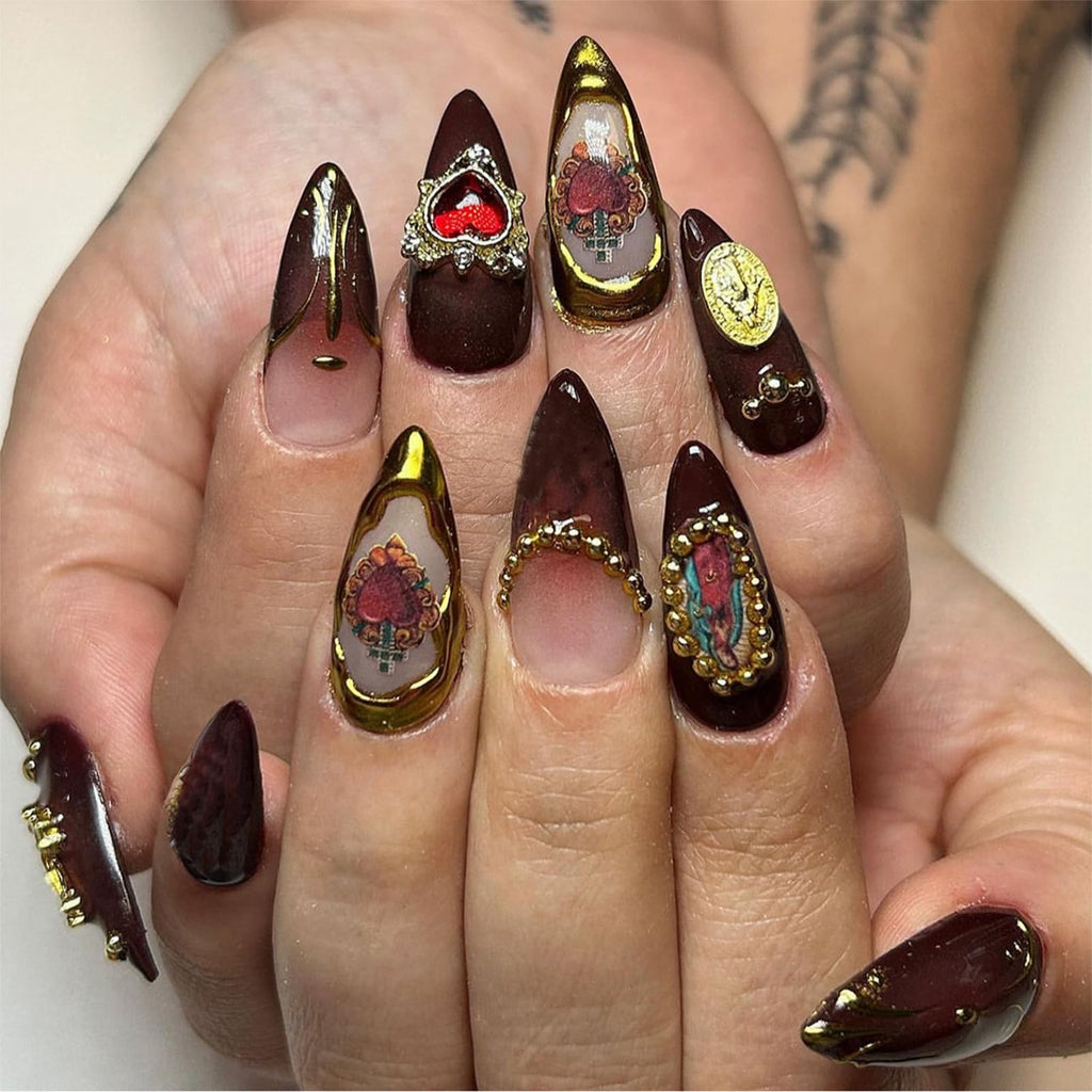 Medium Almond Press-Ons — Espresso Brown Vintage Gold | PEACHBXX