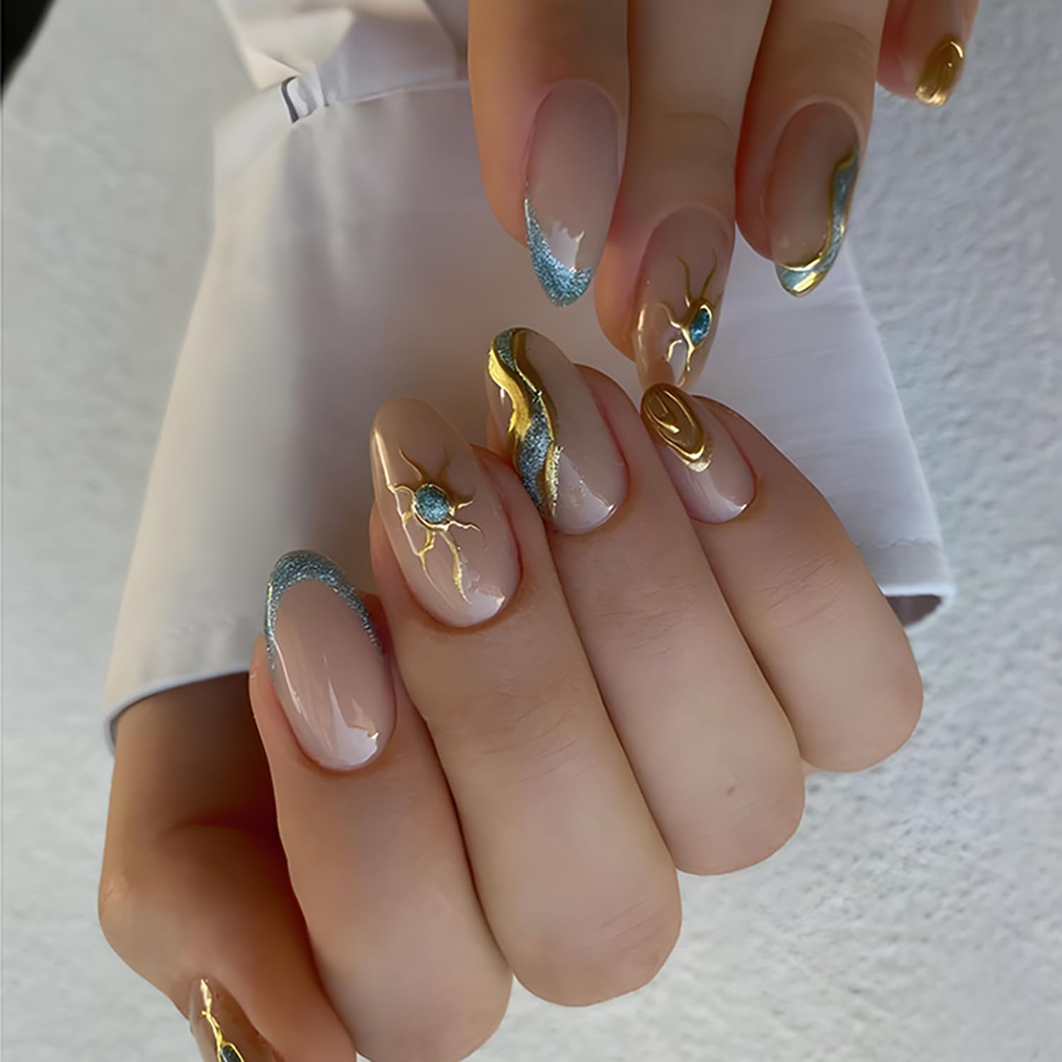 Medium Almond Press-Ons — Blue French Glitter with Gold Lines | PEACHBXX