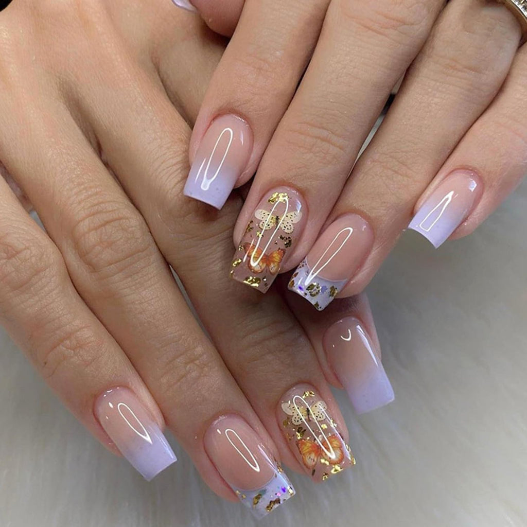 Medium Square Press-Ons — Purple Ombre Gold Butterfly | PEACHBXX