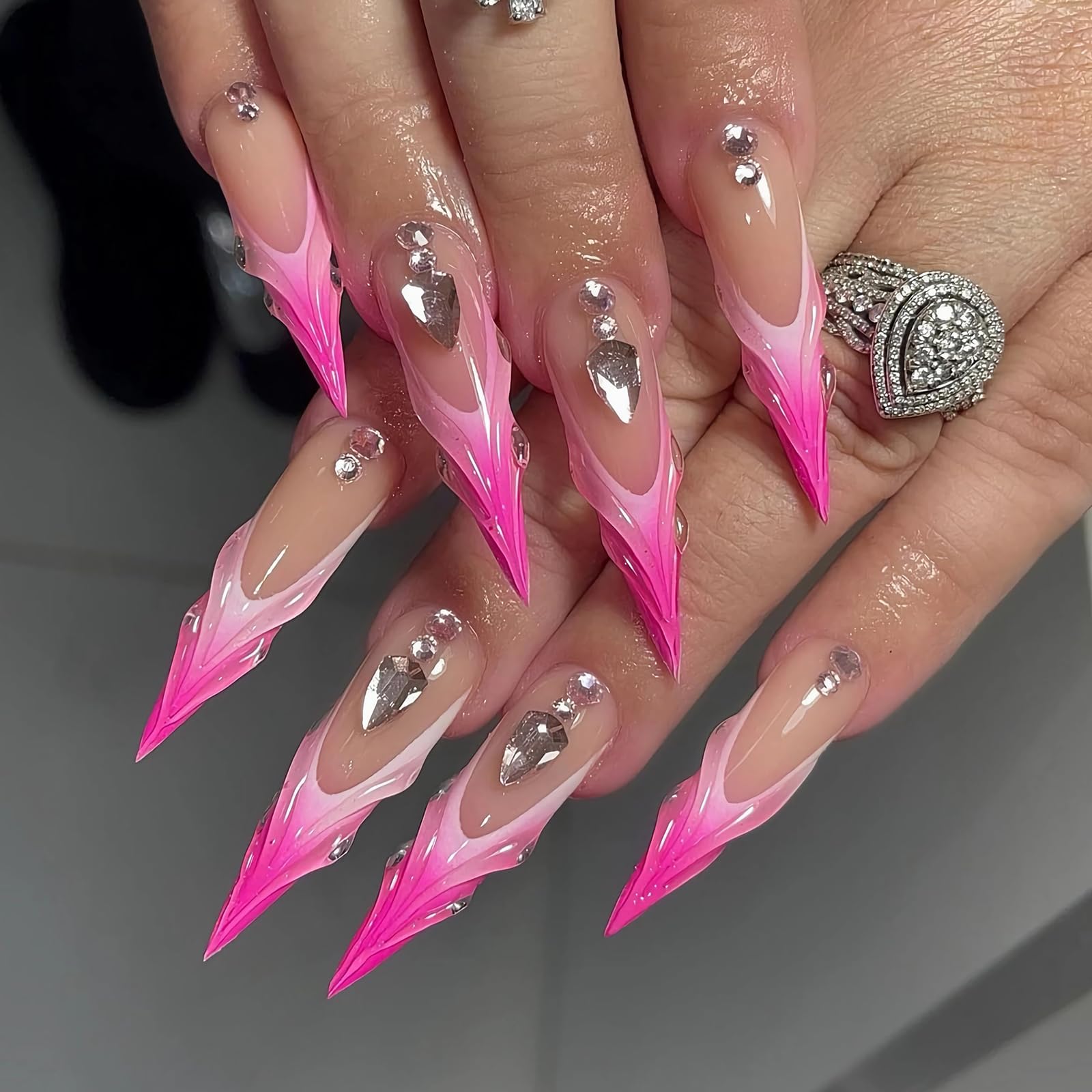 Long Stiletto Press-Ons — Blush French Tip with Rhinestones | PEACHBXX