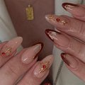 Medium Almond Press-Ons — Wine Red French with Gold Sun | PEACHBXX