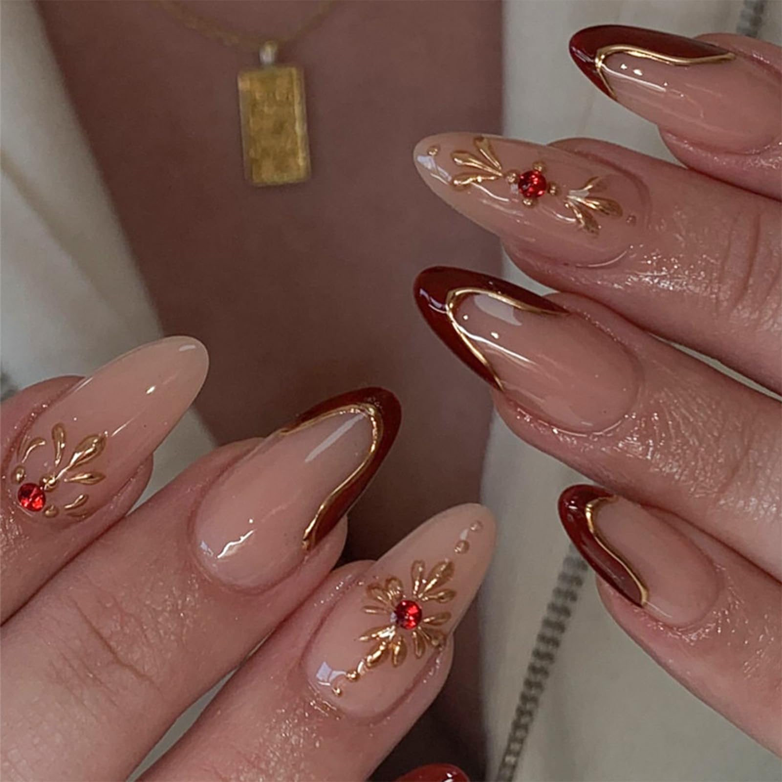 Medium Almond Press-Ons — Wine Red French with Gold Sun | PEACHBXX