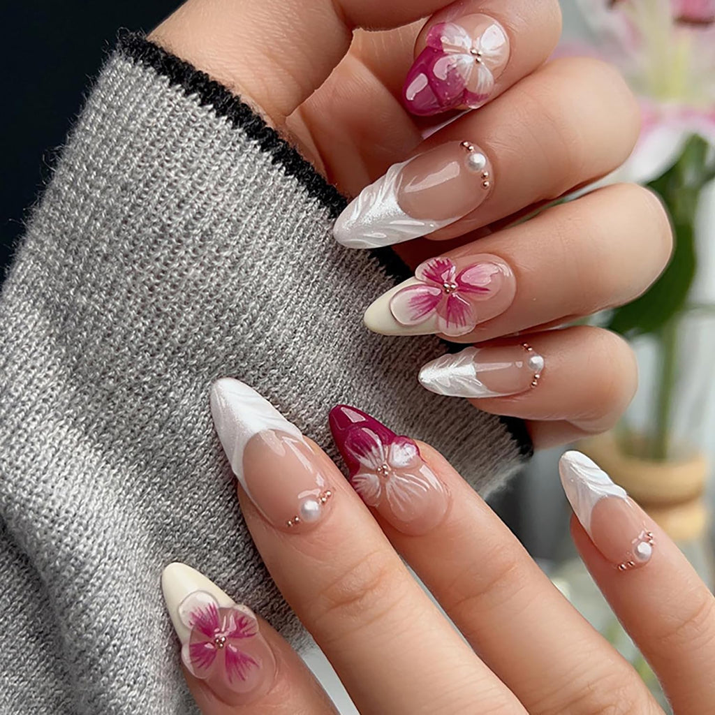 Medium Almond Press-Ons — Pearl Rhinestone Floral French | PEACHBXX