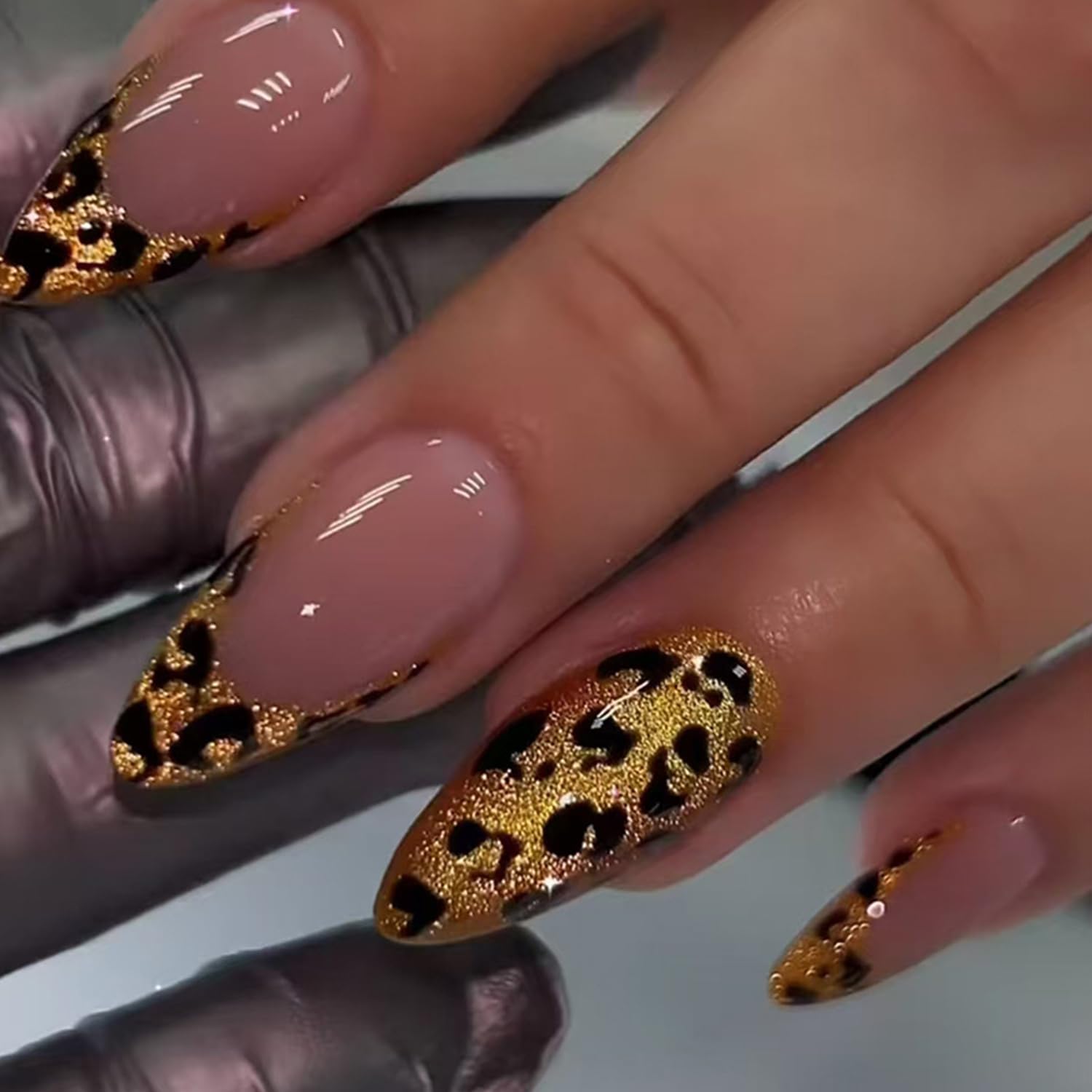 Long Almond Press-Ons — Gold Leopard Print French | PEACHBXX