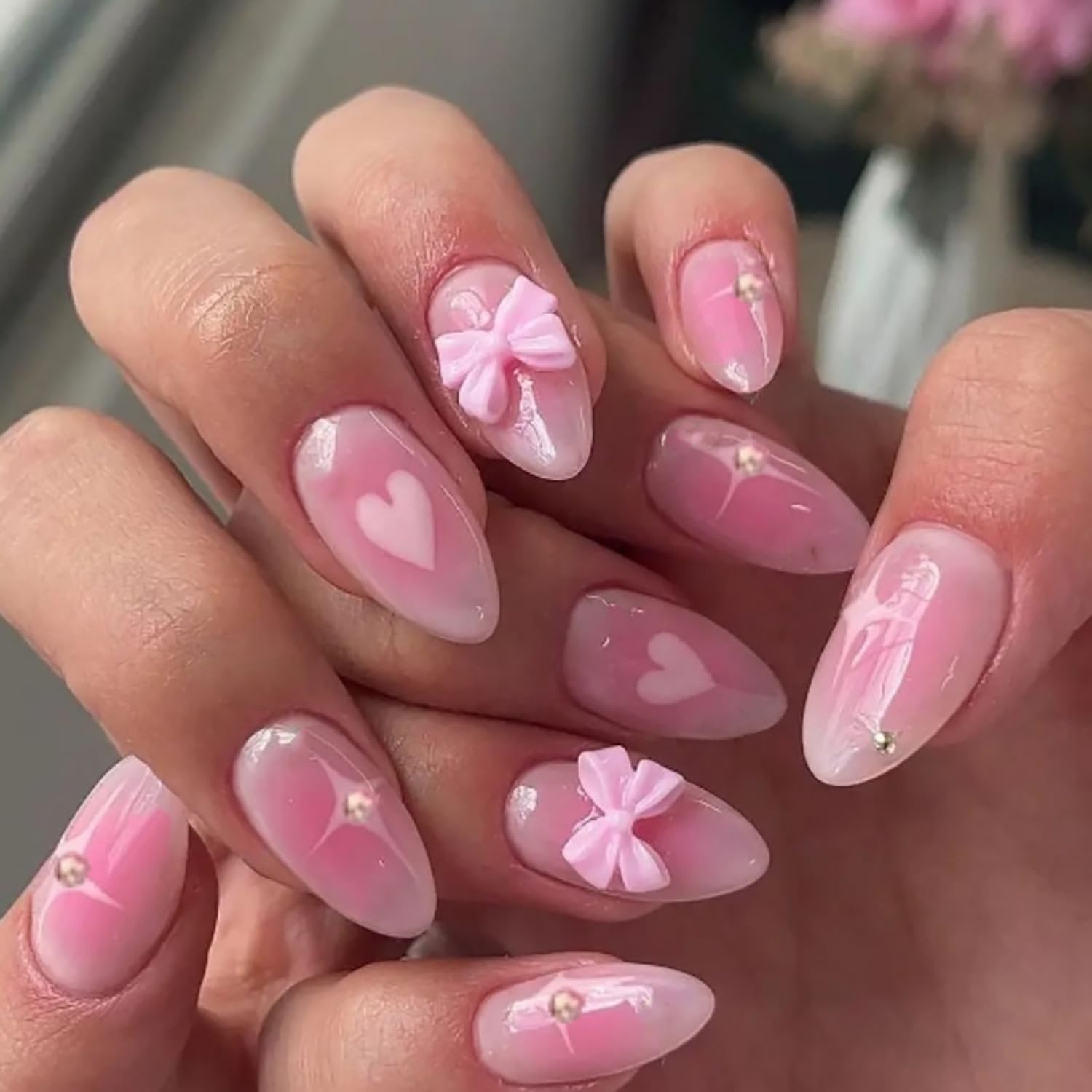 Short Almond Press-Ons — Blush Heart & Bow | PEACHBXX