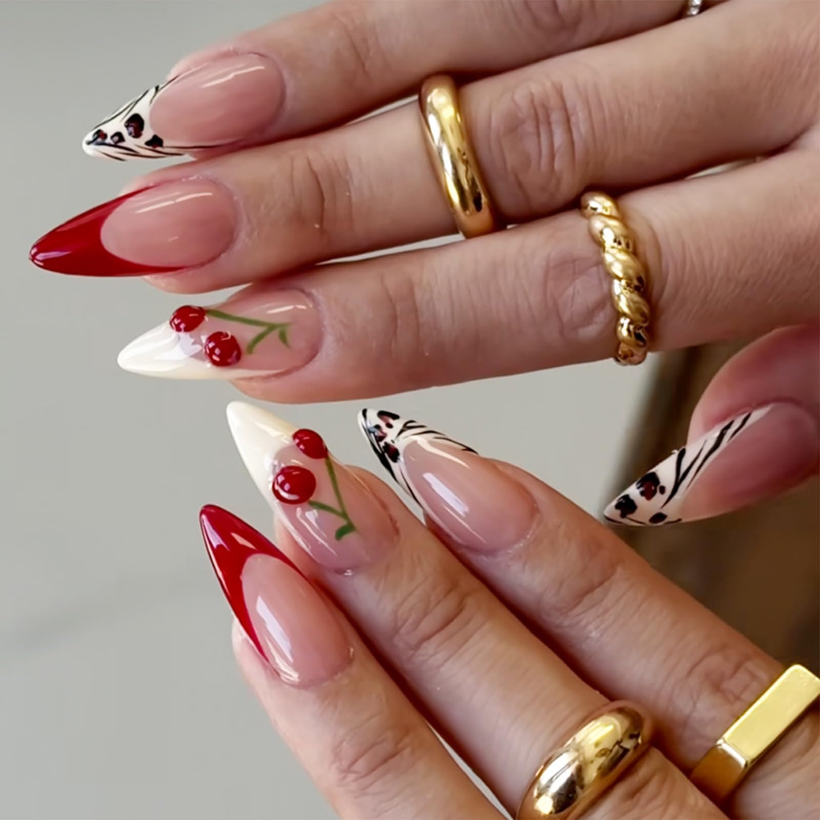 Medium Almond Press-Ons — Wine Red French with Cherry Charms | PEACHBXX