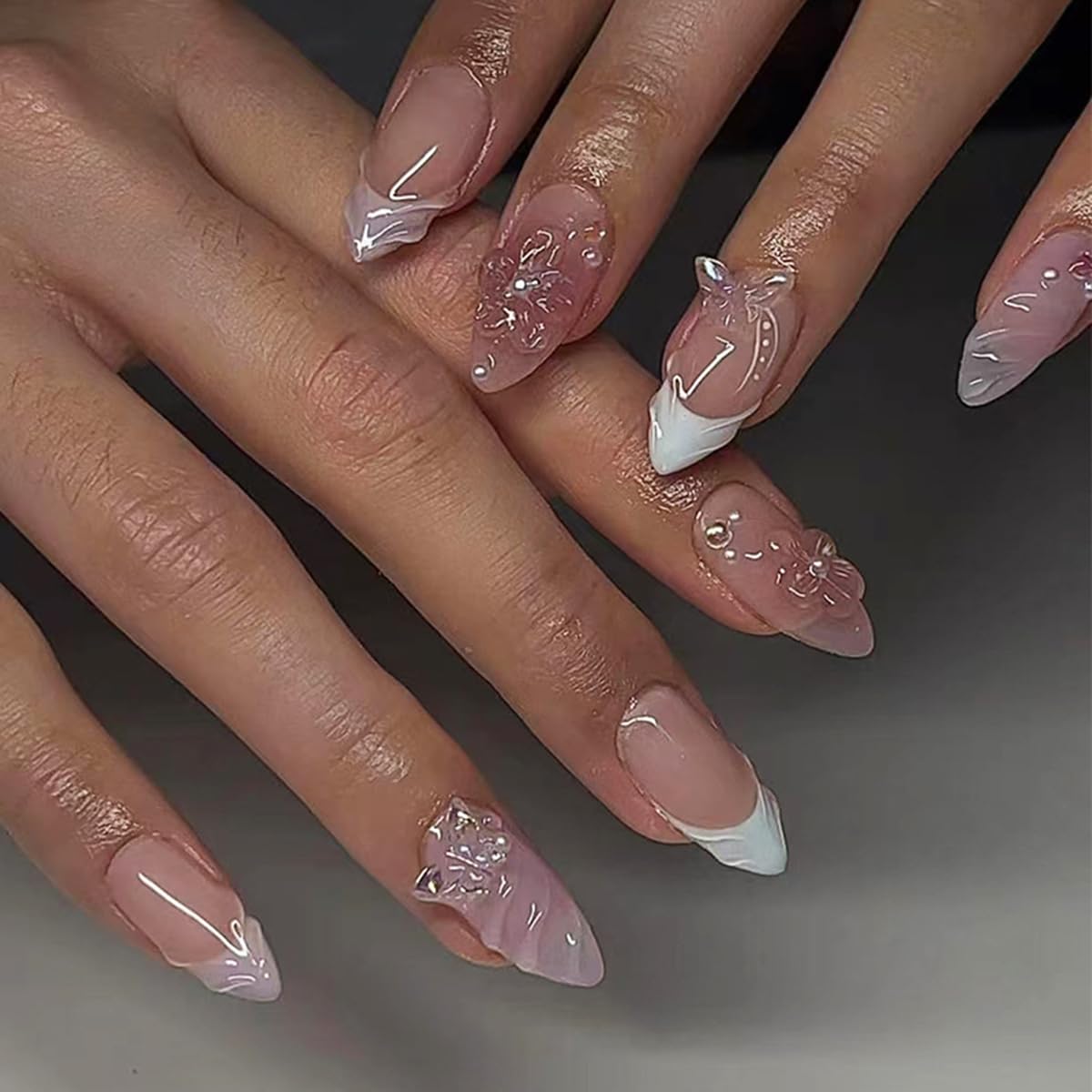 Short Almond Press-Ons — Pink 3D Butterfly French | PEACHBXX