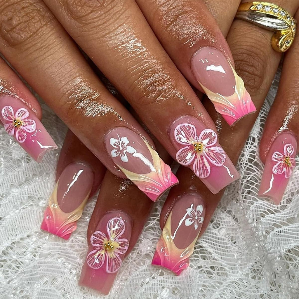 Medium Square Press-Ons — Bright Pink 3D Sculptured Floral | PEACHBXX