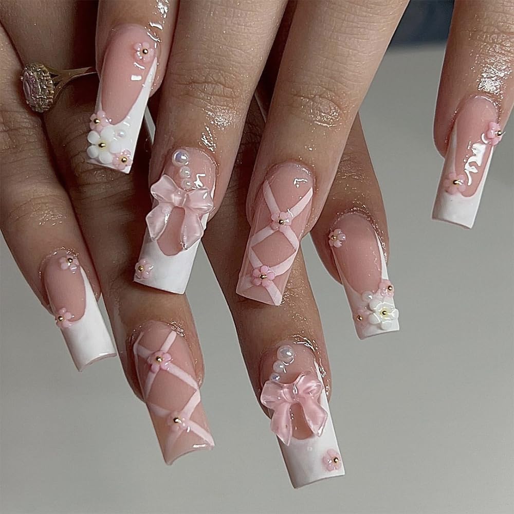 Long Ballet Press-Ons — White French Pink Bow | PEACHBXX