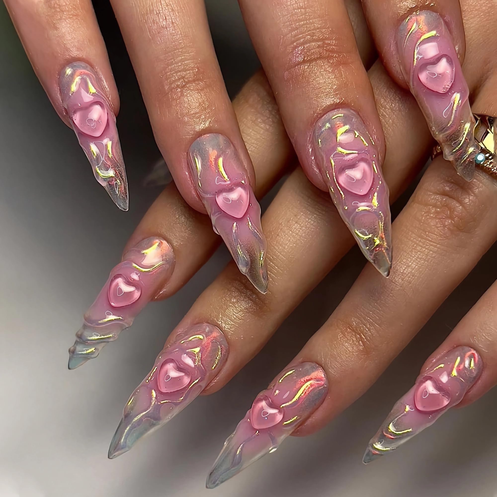 Long Stiletto Press-Ons — Pink Water Ripple Valentine Heart | PEACHBXX