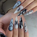 Long Stiletto Press-Ons — Silver Chrome Blue Butterfly Y2K | PEACHBXX