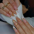 Medium Almond Press-Ons — 3D Floral French with Gold Stripe | PEACHBXX