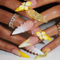 Long Stiletto Press-Ons — Yellow French Butterfly & Flowers | PEACHBXX