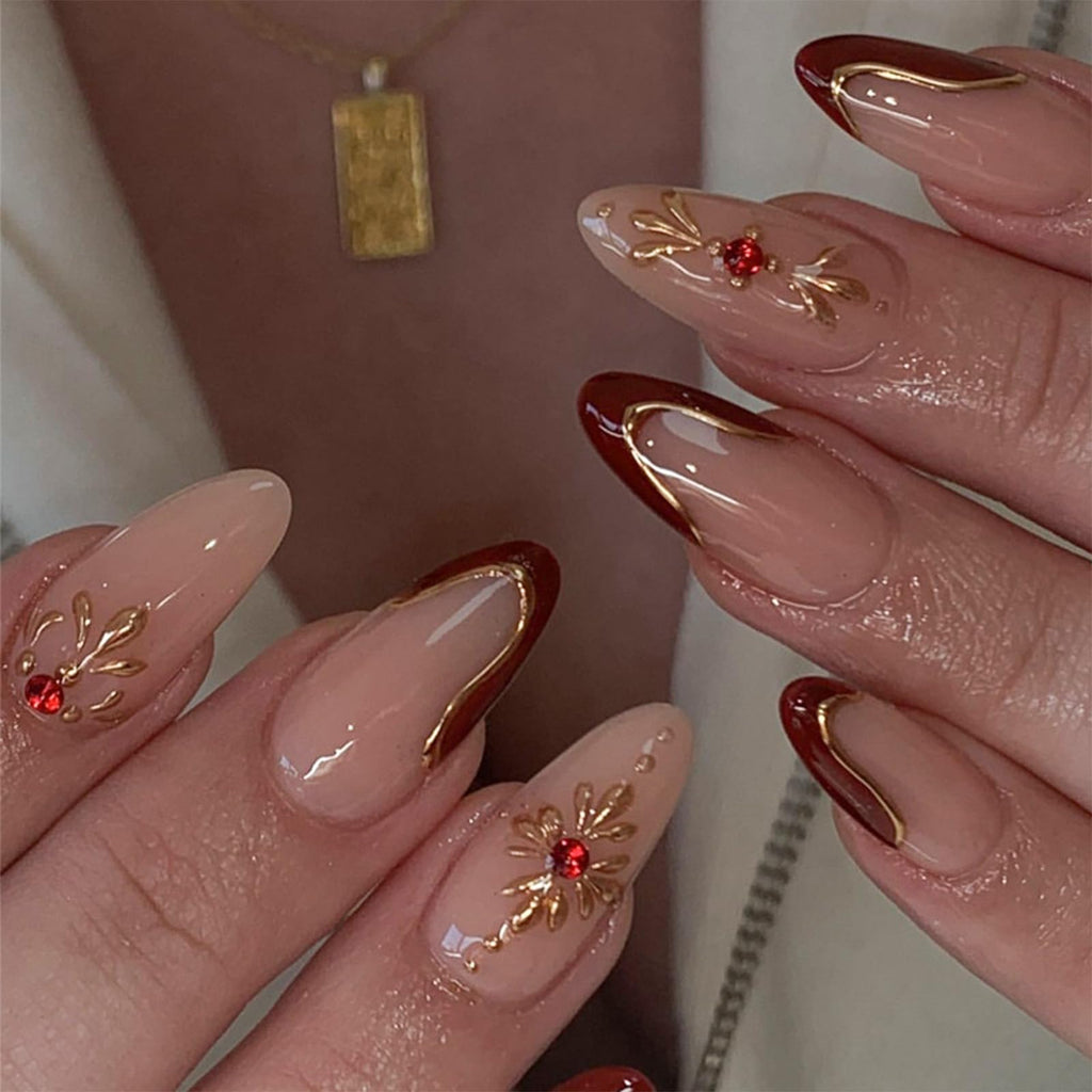 Medium Almond Press-Ons — Wine Red French with Gold Sun | PEACHBXX