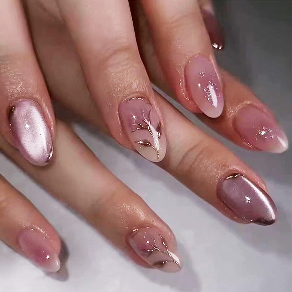 Short Almond Press-Ons — Pink Glitter Rose | PEACHBXX