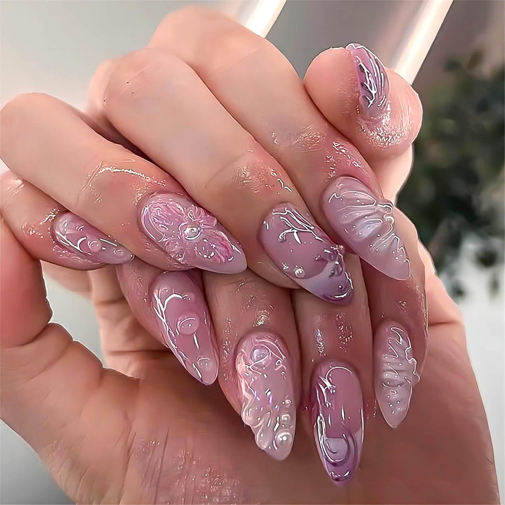 Medium Almond Press-Ons — Soft Pink 3D Floral French | PEACHBXX