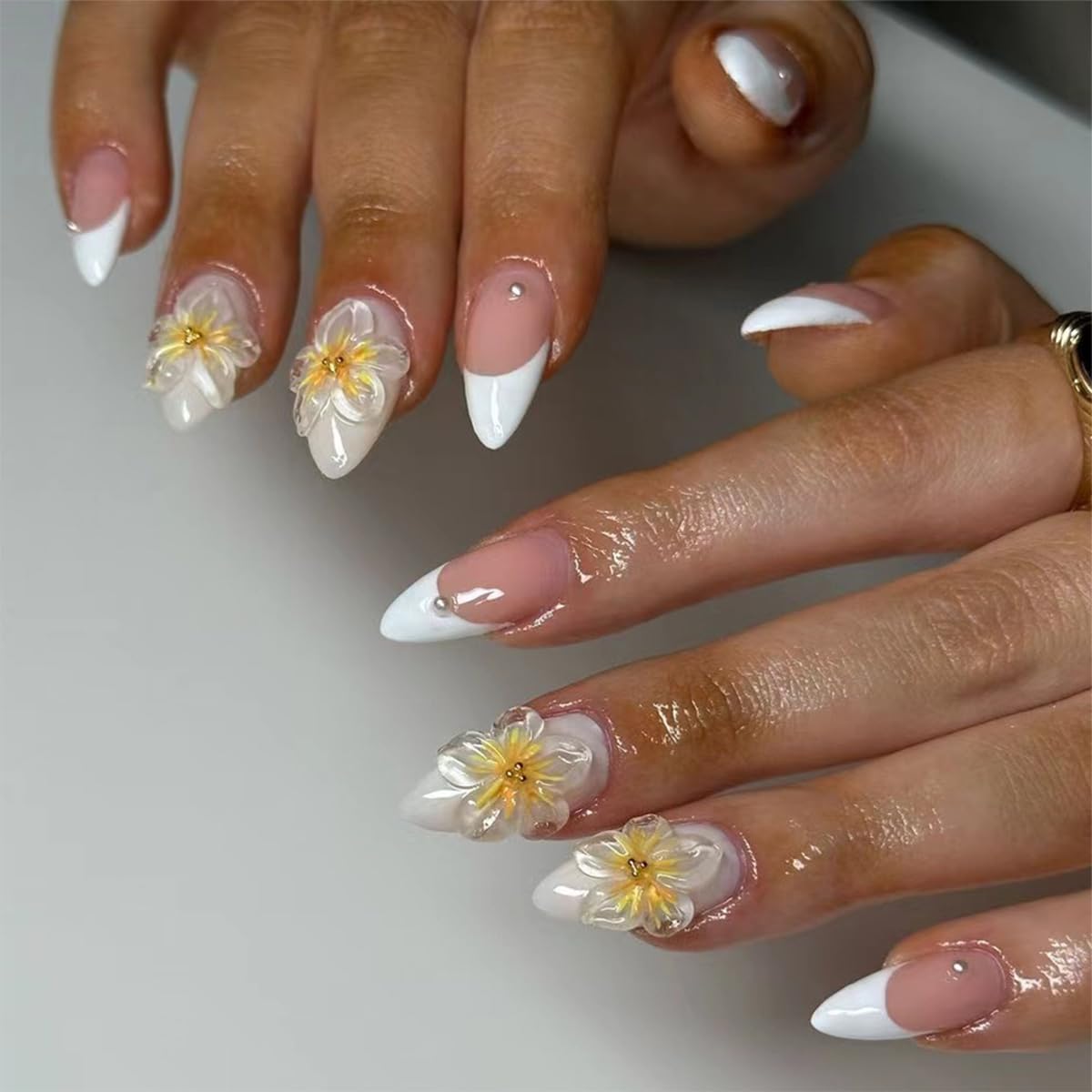 Medium Almond Press-Ons — White French 5D Floral Charms | PEACHBXX