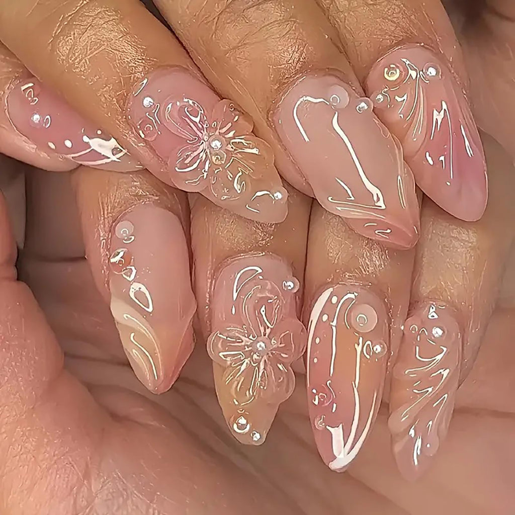 Medium Almond Press-Ons — Handmade 3D Floral Water Ripple | PEACHBXX