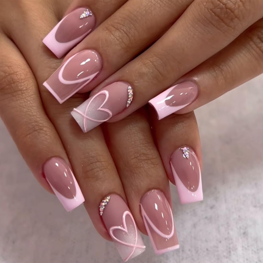 Short Square Press-Ons — Blush Pink Heart Ombre French | PEACHBXX