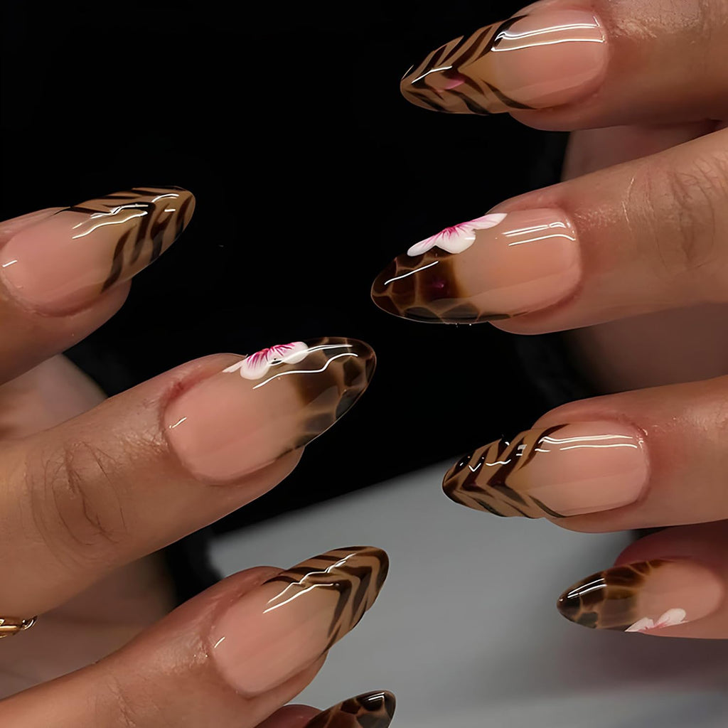 Medium Almond Press-Ons — Leopard & Floral French | PEACHBXX