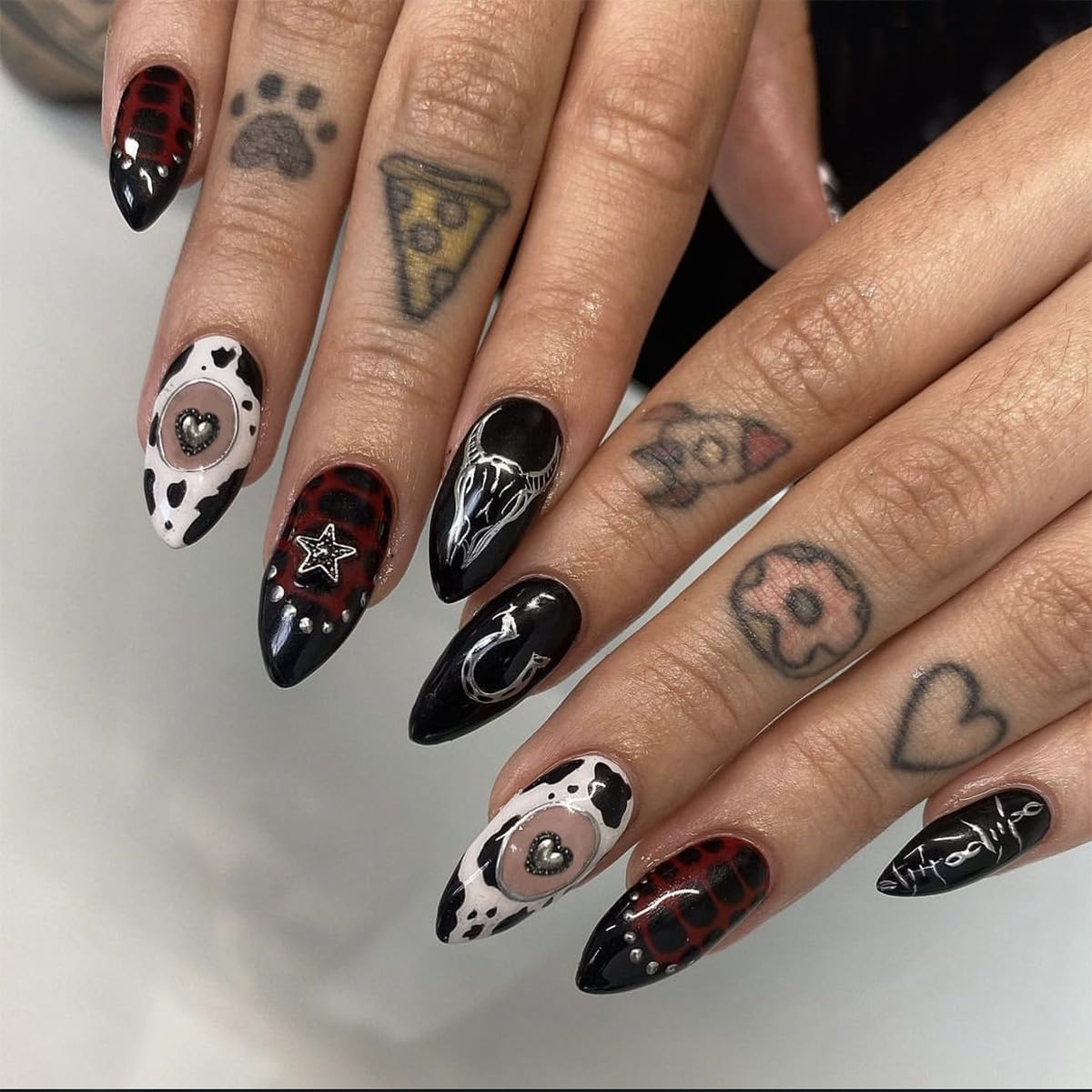Medium Almond Press-Ons — Noir Marble Cow Print | PEACHBXX