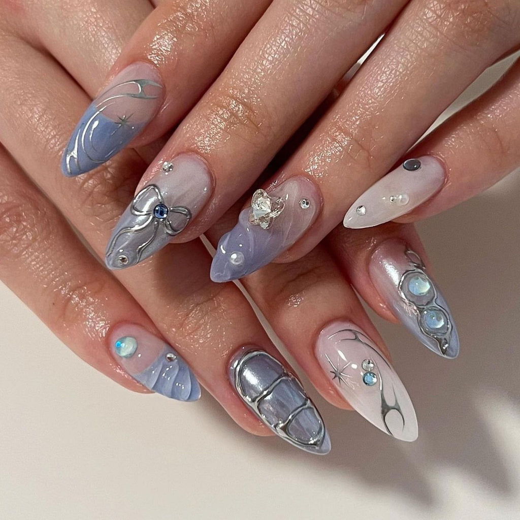 Medium Almond Press-Ons — Water Ripple & Bow French Tip | PEACHBXX